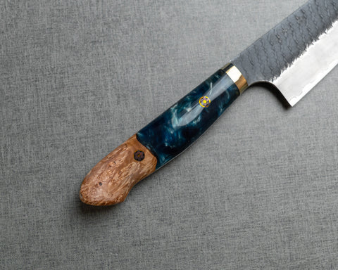 Nigara R2/SG2 Tsuchime Kurouchi 210mm Gyuto with Stabilized Wood / Polished Aquamarine Acrylic Handle