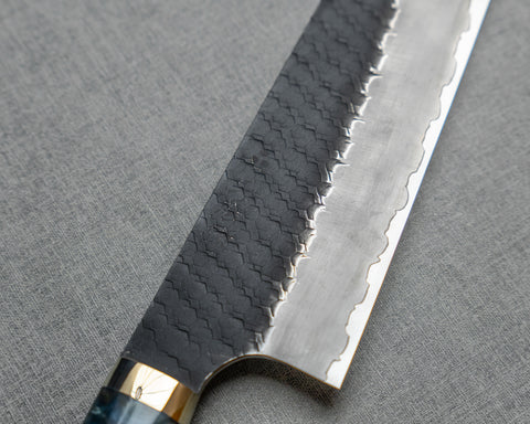 Nigara R2/SG2 Tsuchime Kurouchi 210mm Gyuto with Stabilized Wood / Polished Aquamarine Acrylic Handle