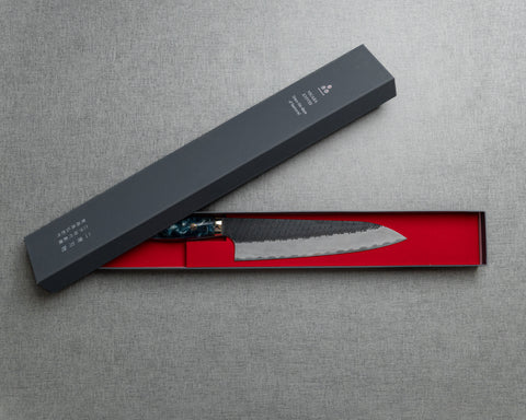 Nigara R2/SG2 Tsuchime Kurouchi 210mm Gyuto with Stabilized Wood / Polished Aquamarine Acrylic Handle