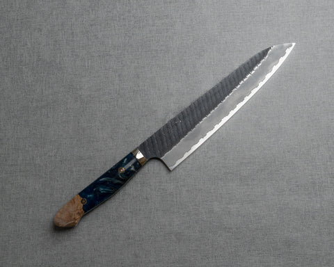 Nigara R2/SG2 Tsuchime Kurouchi 240mm Gyuto with Stabilized Wood / Polished Aquamarine Acrylic Handle