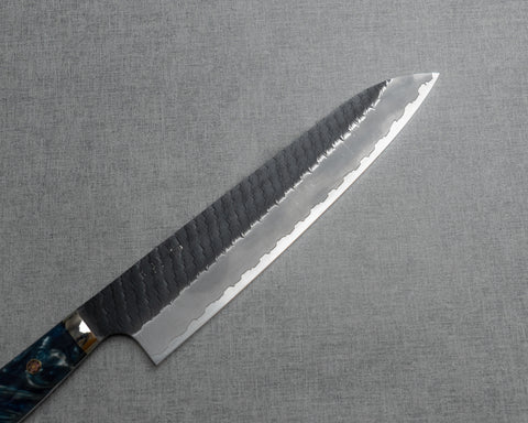 Nigara R2/SG2 Tsuchime Kurouchi 240mm Gyuto with Stabilized Wood / Polished Aquamarine Acrylic Handle