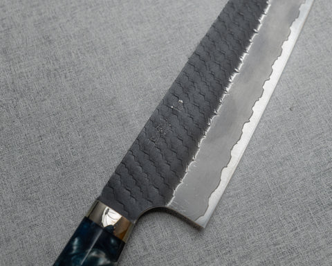 Nigara R2/SG2 Tsuchime Kurouchi 240mm Gyuto with Stabilized Wood / Polished Aquamarine Acrylic Handle