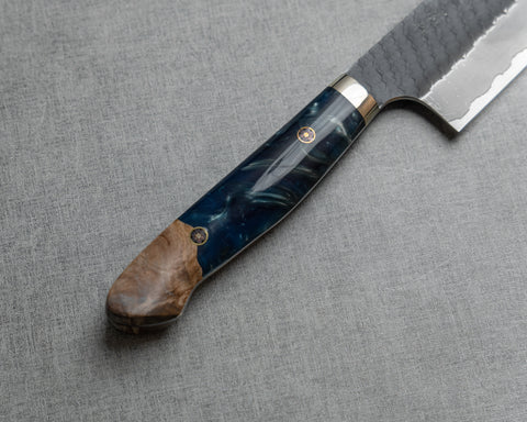 Nigara R2/SG2 Tsuchime Kurouchi 240mm Gyuto with Stabilized Wood / Polished Aquamarine Acrylic Handle