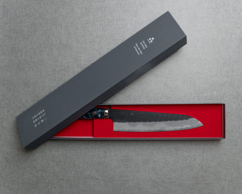 Nigara R2/SG2 Tsuchime Kurouchi 240mm Gyuto with Stabilized Wood / Polished Aquamarine Acrylic Handle