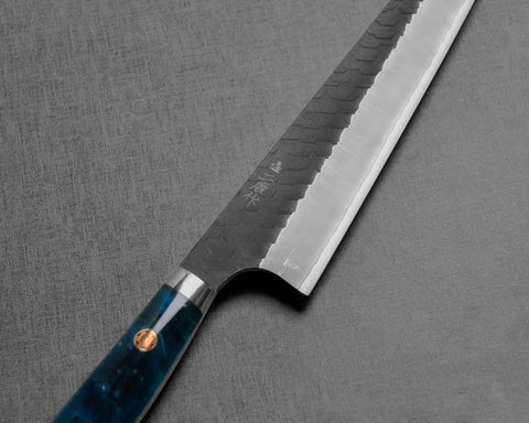 Nigara R2/SG2 Kurouchi Tsuchime 155mm Honesuki with Stabilized Wood / Polished Ocean Blue Acrylic Handle
