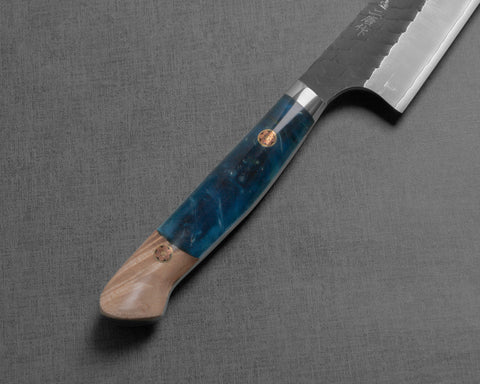 Nigara R2/SG2 Kurouchi Tsuchime 155mm Honesuki with Stabilized Wood / Polished Ocean Blue Acrylic Handle