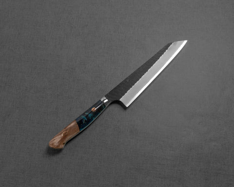 Nigara R2/SG2 Kurouchi Tsuchime 155mm Honesuki with Stabilized Wood / Polished Ocean Blue Acrylic Handle