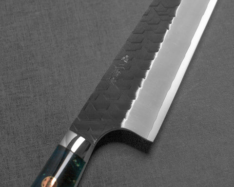 Nigara R2/SG2 Kurouchi Tsuchime 155mm Honesuki with Stabilized Wood / Polished Ocean Blue Acrylic Handle
