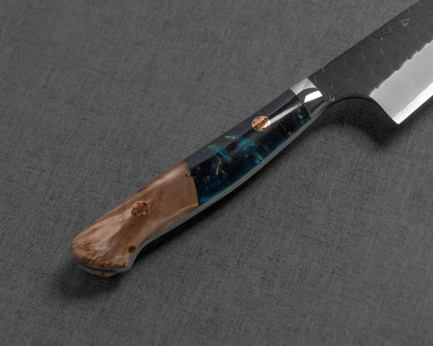 Nigara R2/SG2 Kurouchi Tsuchime 155mm Honesuki with Stabilized Wood / Polished Ocean Blue Acrylic Handle