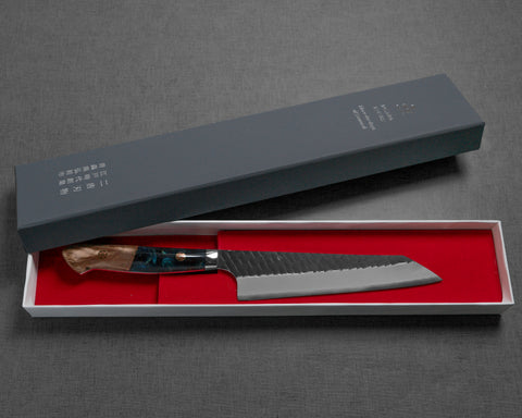 Nigara R2/SG2 Kurouchi Tsuchime 155mm Honesuki with Stabilized Wood / Polished Ocean Blue Acrylic Handle
