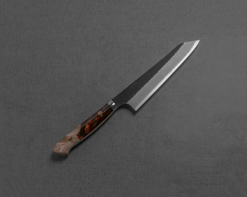Nigara R2/SG2 Kurouchi Tsuchime 155mm Honesuki with Stabilized Wood / Polished Tigereye Acrylic Handle