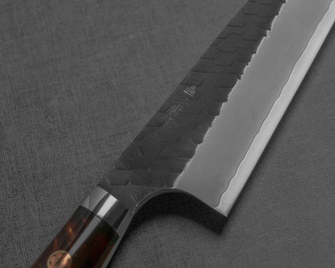 Nigara R2/SG2 Kurouchi Tsuchime 155mm Honesuki with Stabilized Wood / Polished Tigereye Acrylic Handle