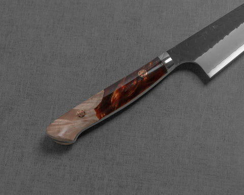 Nigara R2/SG2 Kurouchi Tsuchime 155mm Honesuki with Stabilized Wood / Polished Tigereye Acrylic Handle