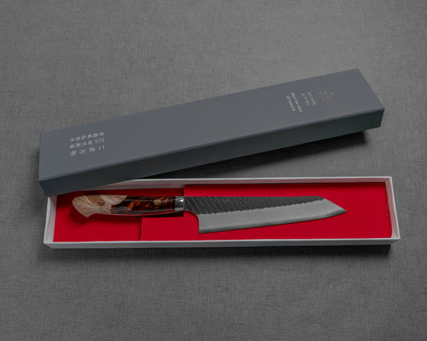 Nigara R2/SG2 Kurouchi Tsuchime 155mm Honesuki with Stabilized Wood / Polished Tigereye Acrylic Handle