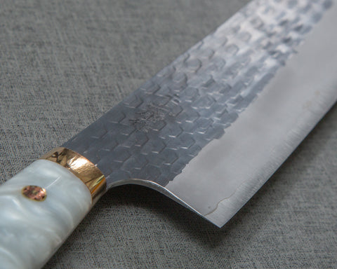 Nigara R2/SG2 Tsuchime Kurouchi 165mm Kiritsuke Nakiri with Stabilized Wood / Polished Flowing White Acrylic Handle