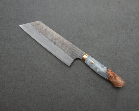 Nigara R2/SG2 Tsuchime Kurouchi 165mm Kiritsuke Nakiri with Stabilized Wood / Polished Flowing White Acrylic Handle