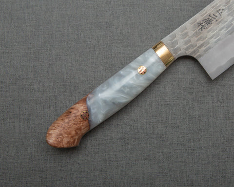 Nigara R2/SG2 Tsuchime Kurouchi 165mm Kiritsuke Nakiri with Stabilized Wood / Polished Flowing White Acrylic Handle