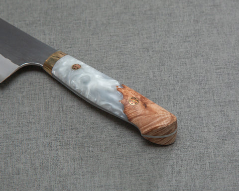 Nigara R2/SG2 Tsuchime Kurouchi 165mm Kiritsuke Nakiri with Stabilized Wood / Polished Flowing White Acrylic Handle