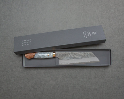 Nigara R2/SG2 Tsuchime Kurouchi 165mm Kiritsuke Nakiri with Stabilized Wood / Polished Flowing White Acrylic Handle
