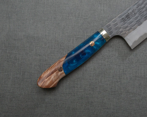 Nigara R2/SG2 Tsuchime Kurouchi 165mm Kiritsuke Nakiri with Stabilized Wood / Polished Ocean Blue Acrylic Handle