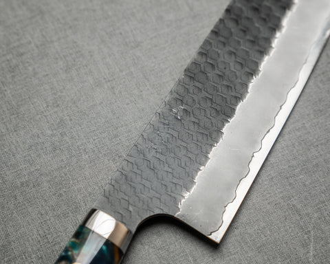 Nigara R2/SG2 Tsuchime Kurouchi 165mm Kiritsuke Nakiri with Stabilized Wood / Polished Twilight Blue Acrylic Handle