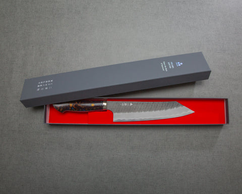 Nigara R2/SG2 Tsuchime Kurouchi 210mm Kiritsuke Gyuto with Polished Aurora Acrylic Handle