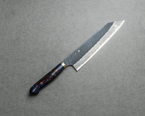 Nigara R2/SG2 Tsuchime Kurouchi 240mm Kiritsuke Gyuto with Polished Twilight Blue and Bronzite Acrylic Handle