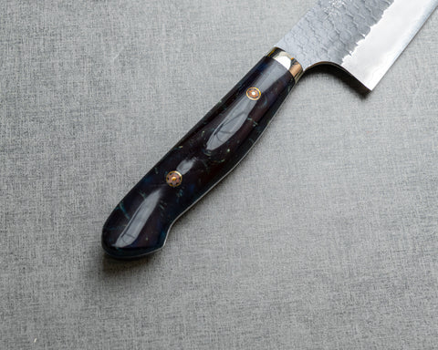 Nigara R2/SG2 Tsuchime Kurouchi 240mm Kiritsuke Gyuto with Polished Twilight Blue and Bronzite Acrylic Handle