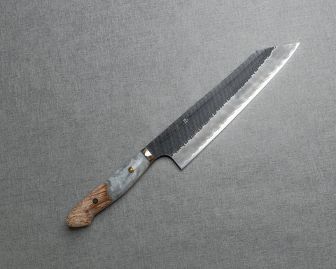 Nigara R2/SG2 Tsuchime Kurouchi 240mm Kiritsuke Gyuto with Stabilized Wood / Polished White Marble Acrylic Handle