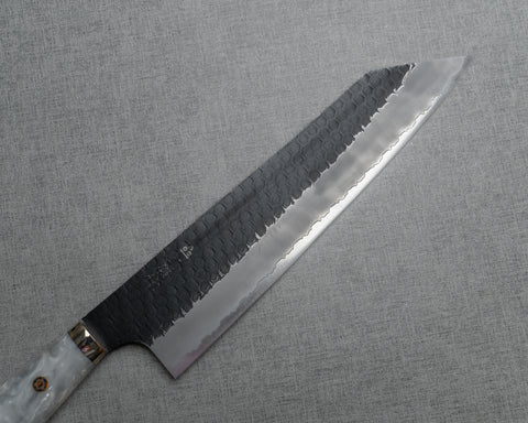 Nigara R2/SG2 Tsuchime Kurouchi 240mm Kiritsuke Gyuto with Stabilized Wood / Polished White Marble Acrylic Handle