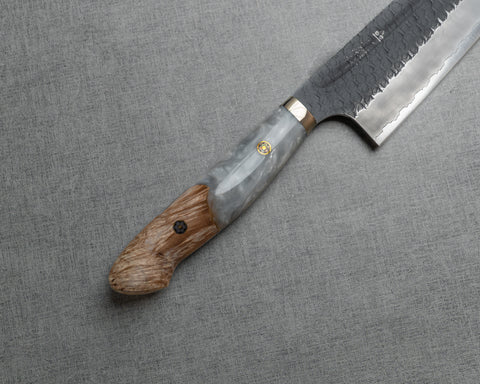 Nigara R2/SG2 Tsuchime Kurouchi 240mm Kiritsuke Gyuto with Stabilized Wood / Polished White Marble Acrylic Handle