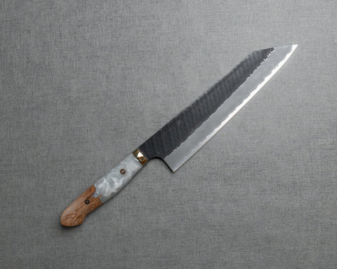 Nigara R2/SG2 Tsuchime Kurouchi 240mm Kiritsuke Gyuto with Stabilized Wood / Polished White Marble Acrylic Handle