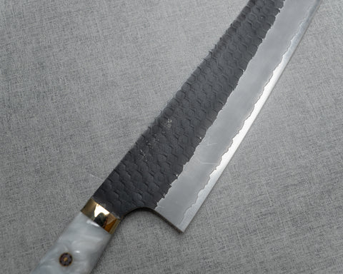 Nigara R2/SG2 Tsuchime Kurouchi 240mm Kiritsuke Gyuto with Stabilized Wood / Polished White Marble Acrylic Handle