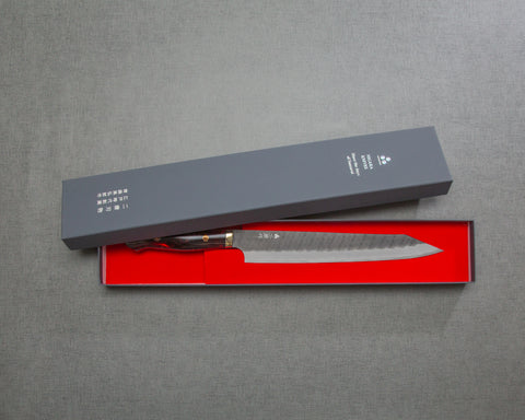 Nigara R2/SG2 Tsuchime Kurouchi 255mm Kiritsuke Sujihiki with Polished Bronzite and Red Lava Acrylic Handle