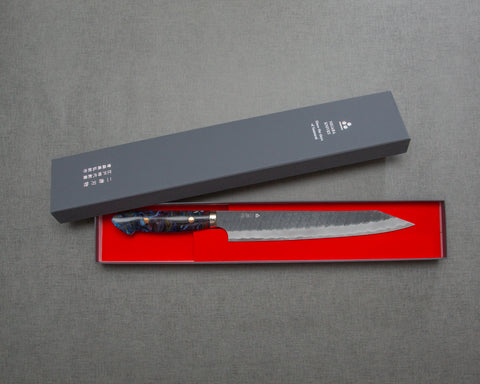 Nigara R2/SG2 Tsuchime Kurouchi 255mm Sujihiki with Polished Flowing Indigo Marble Acrylic Handle