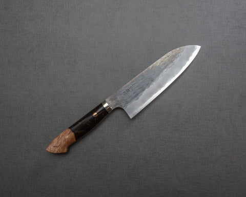 Nigara R2/SG2 Kurouchi Tsuchime 165mm Santoku with Stabilized Wood / Polished Emperador Umber Acrylic Handle