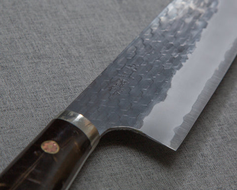 Nigara R2/SG2 Kurouchi Tsuchime 165mm Santoku with Stabilized Wood / Polished Emperador Umber Acrylic Handle