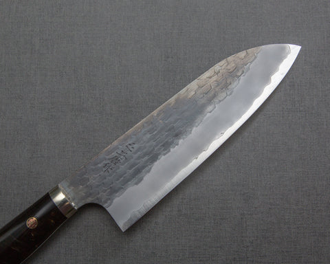 Nigara R2/SG2 Kurouchi Tsuchime 165mm Santoku with Stabilized Wood / Polished Emperador Umber Acrylic Handle