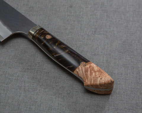 Nigara R2/SG2 Kurouchi Tsuchime 165mm Santoku with Stabilized Wood / Polished Emperador Umber Acrylic Handle