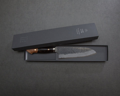 Nigara R2/SG2 Kurouchi Tsuchime 165mm Santoku with Stabilized Wood / Polished Emperador Umber Acrylic Handle
