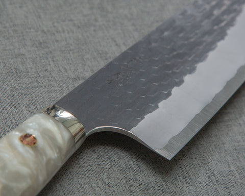 Nigara R2/SG2 Tsuchime Kurouchi 165mm Santoku with Polished White Nacre Acrylic Handle