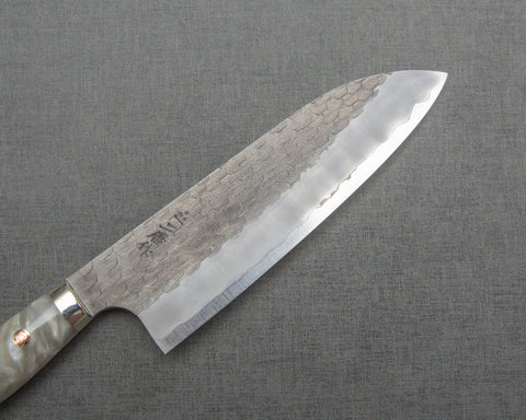 Nigara R2/SG2 Tsuchime Kurouchi 165mm Santoku with Polished White Nacre Acrylic Handle