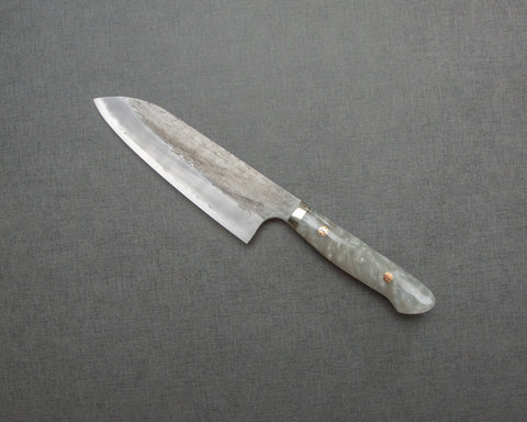 Nigara R2/SG2 Tsuchime Kurouchi 165mm Santoku with Polished White Nacre Acrylic Handle