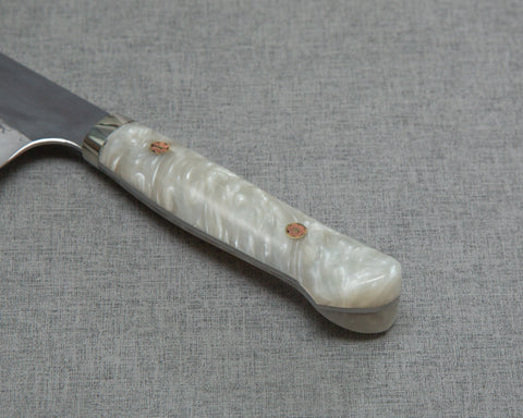 Nigara R2/SG2 Tsuchime Kurouchi 165mm Santoku with Polished White Nacre Acrylic Handle