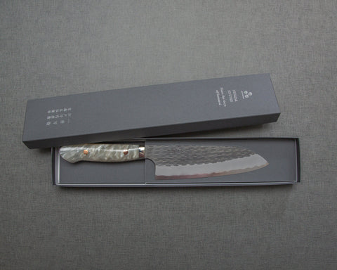 Nigara R2/SG2 Tsuchime Kurouchi 165mm Santoku with Polished White Nacre Acrylic Handle