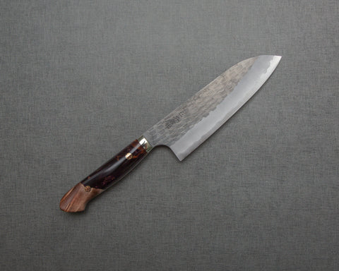 Nigara R2/SG2 Tsuchime Kurouchi 165mm Santoku with Stabilized Wood / Polished Tigereye Acrylic Handle