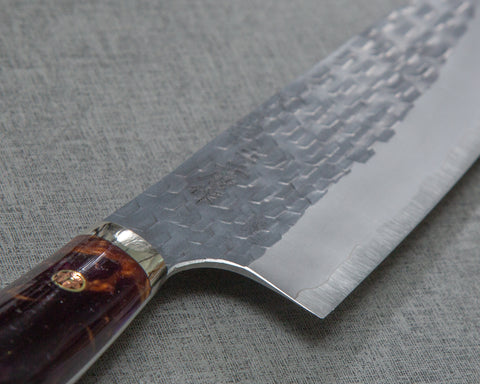 Nigara R2/SG2 Tsuchime Kurouchi 165mm Santoku with Stabilized Wood / Polished Tigereye Acrylic Handle