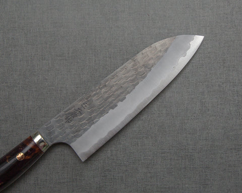 Nigara R2/SG2 Tsuchime Kurouchi 165mm Santoku with Stabilized Wood / Polished Tigereye Acrylic Handle