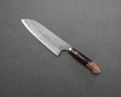 Nigara R2/SG2 Tsuchime Kurouchi 165mm Santoku with Stabilized Wood / Polished Tigereye Acrylic Handle