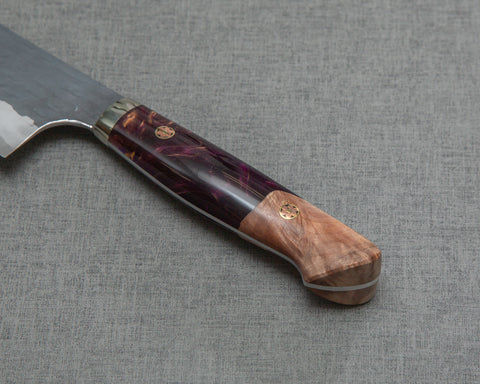 Nigara R2/SG2 Tsuchime Kurouchi 165mm Santoku with Stabilized Wood / Polished Tigereye Acrylic Handle